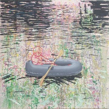 tobian - untermalung -  im schlauchboot - 138x138cm - acryl auf nessel - 2009