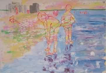 tobian - untermalung - kinder am meer - acryl auf nessel -  - 70x100cm 2008